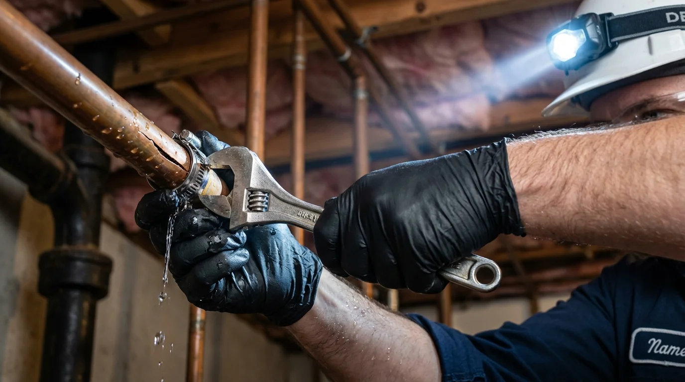 Emergency pipe clamp repair being performed by a Johns Plumbing LLC plumber in Indialantic