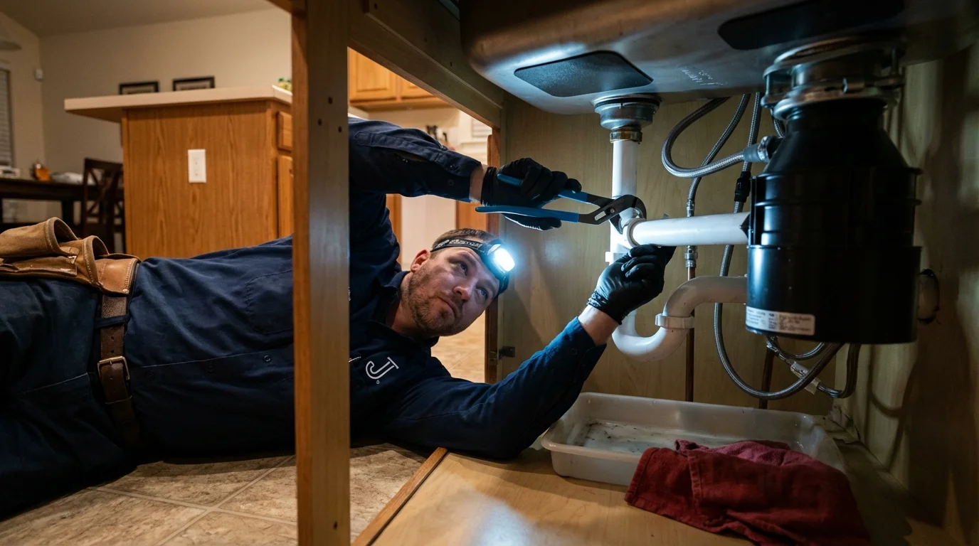 P-trap and supply line connections under a kitchen sink showing a common leak point in Indialantic, FL